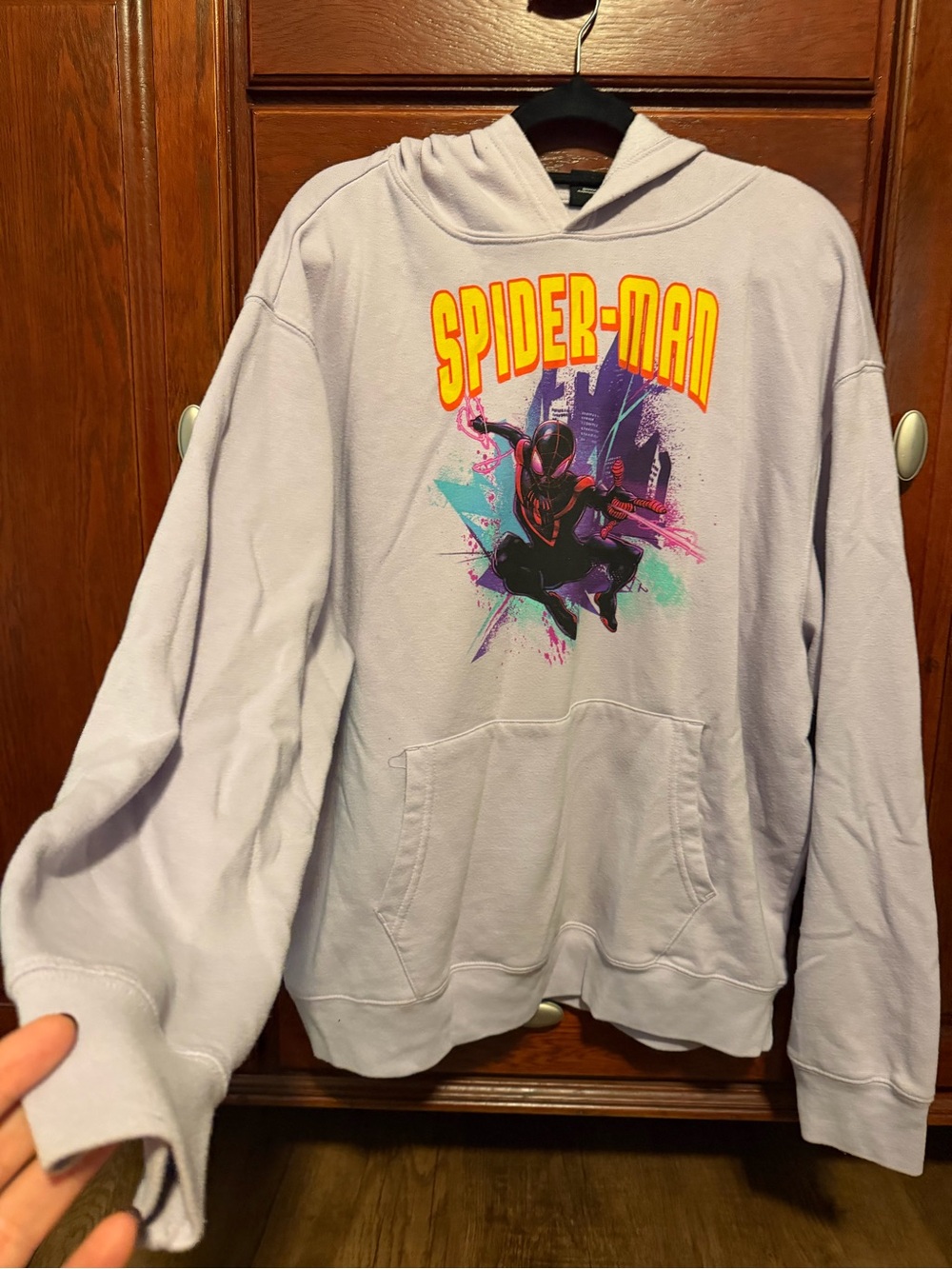 Marvel Spider-Man Pullover Hoodie - Light Lavender with Yellow Graphic